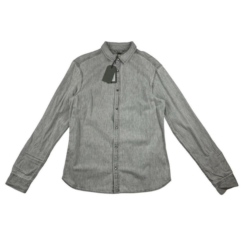 AllSaints Gleason Pearl Snap Button Up Denim Shirt Grey Size M